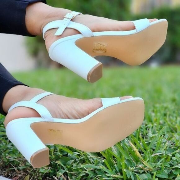 Women's White Ankle Strap Block Heel Dress Sandals - Picture 4 of 5